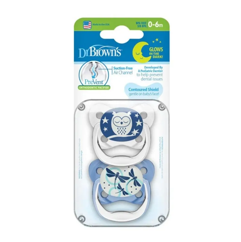 Dr Browns Dr Brown's PreVent Contoured Glow-in-the-Dark Pacifier 2-Pack 0-6m - Assorted Colours Discount