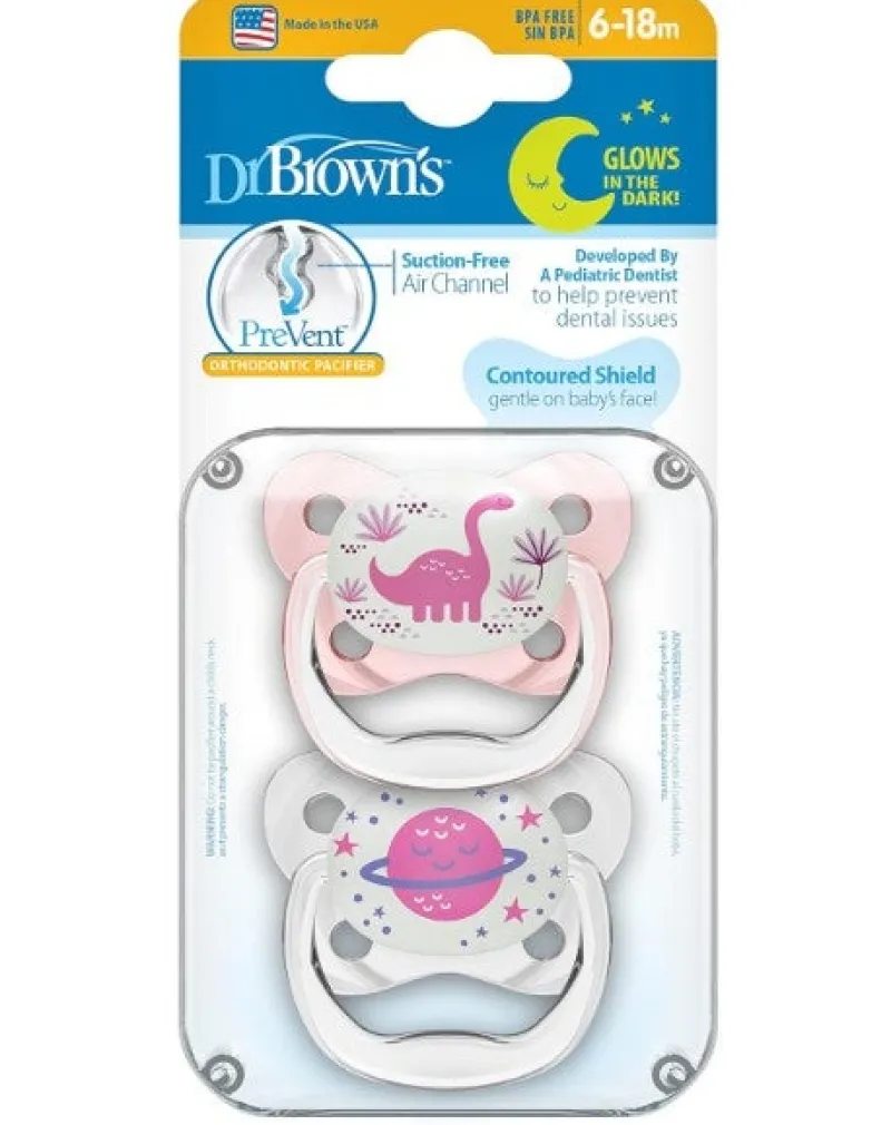 Dr Browns Dr Brown's PreVent Contoured Glow-in-the-Dark Pacifier 2-Pack 6-18m Outlet