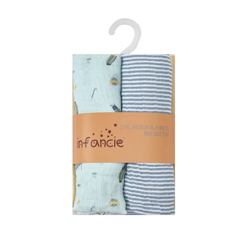 infancie 2-Pack Baby Muslin Blanket Blue Stripe/Green IT5234 Discount