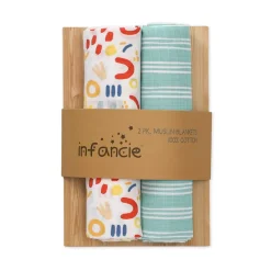 infancie 2-Pack Baby Muslin Blanket Green Print/Stripes IT4993 Outlet